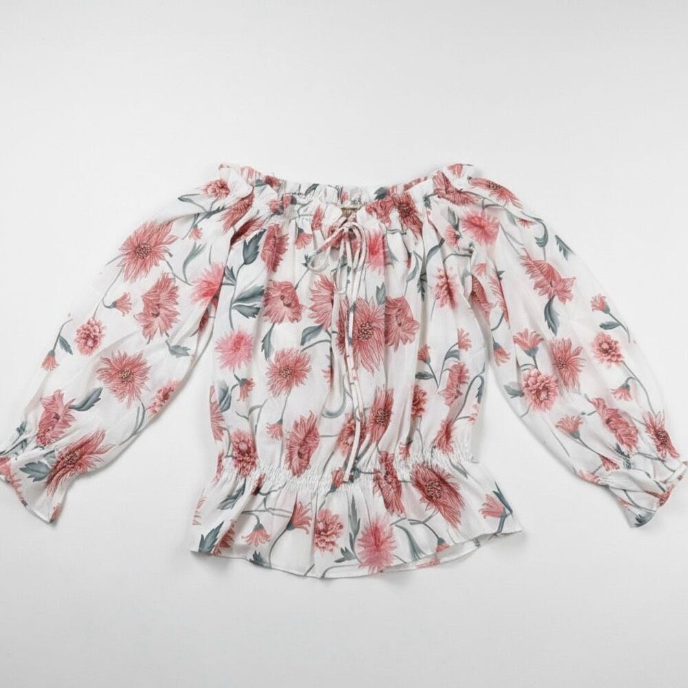 Boho Floral Off-The-Shoulder Blouse | Pink Sunflower Lantern Sleeve Top | M / L